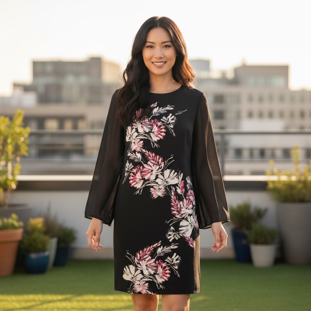 Vince Camuto Floral‎ Chiffon-Sleeve Shift Dress